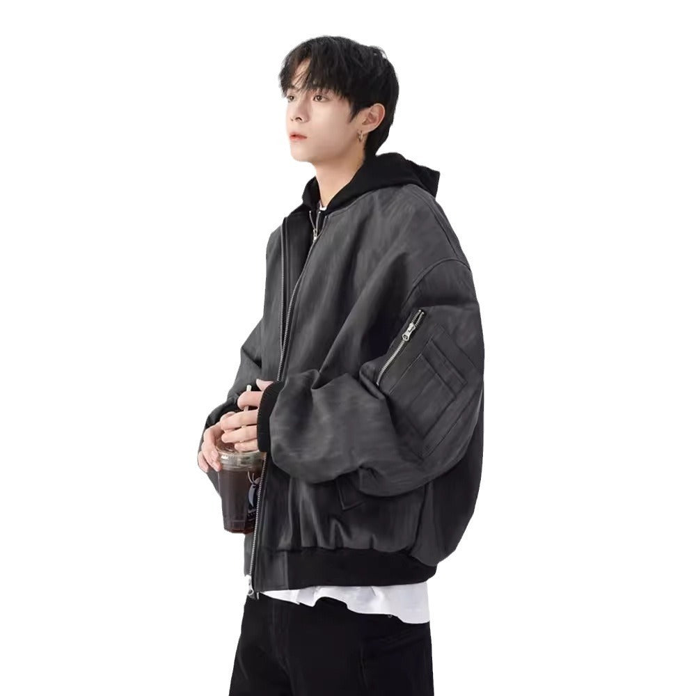 Original Design American Retro Baseball Uniform Men's Autumn And Winter Loose Casual Short Hooded PU Leather