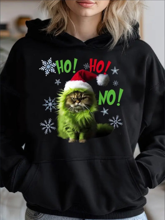 Funny Bad Cat Christmas, Gich Woman's Cozy Classic Print Pullover Hoodie, Casual Long Sleeve Crew Neck Hoodie