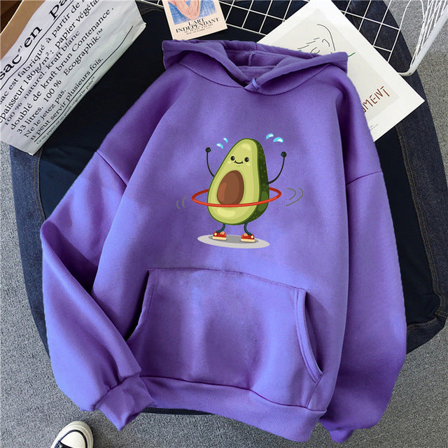 Hoodies Sporty Cartoon Avocado Print Warm New Sweatshirt Wom