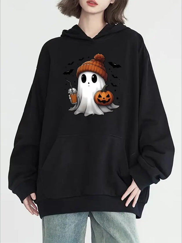 Women's Halloween Print Hoodie With Kangaroo Pocket - Casual Long Sleeve, Machine Washable