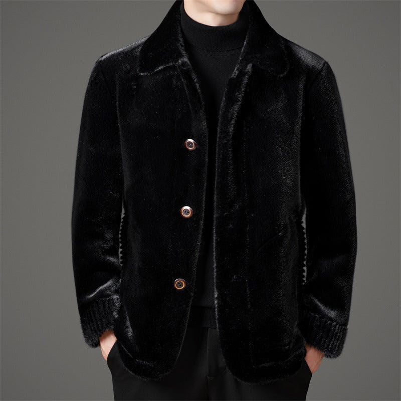 Men's Winter Middle-aged Lapel Golden Mink Leather Wool Coat