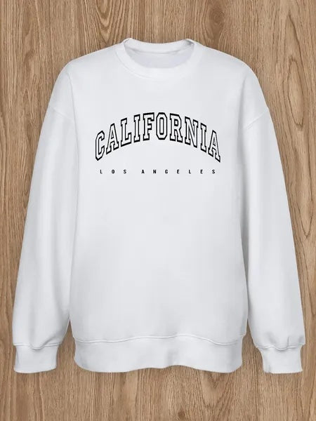 Women Basic Casual Pullover Spring Autumn Long Sleeve California Letters Printed Round Neck White