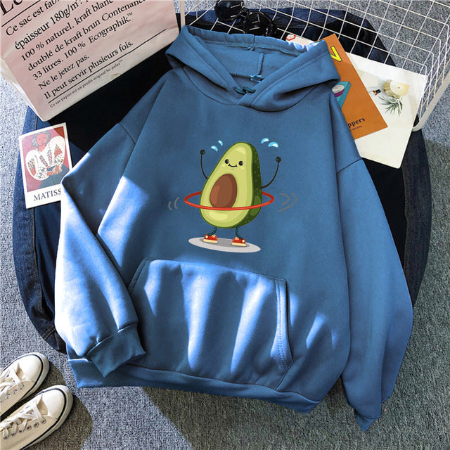 Hoodies Sporty Cartoon Avocado Print Warm New Sweatshirt Wom