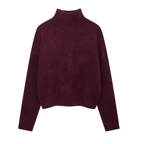 Knitwear Personality Street Vintage Women's Wine Red Turtleneck Sweater