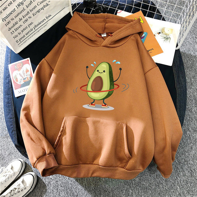 Hoodies Sporty Cartoon Avocado Print Warm New Sweatshirt Wom