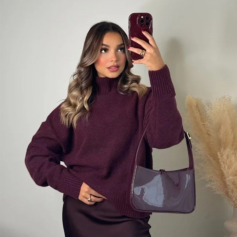 Knitwear Personality Street Vintage Women's Wine Red Turtleneck Sweater