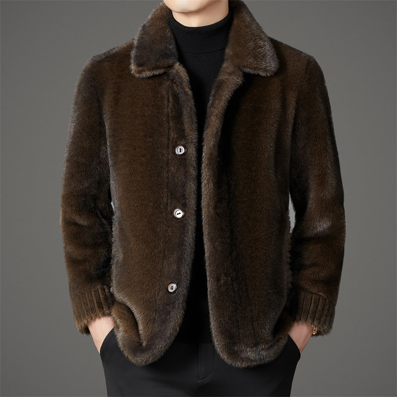 Men's Winter Middle-aged Lapel Golden Mink Leather Wool Coat