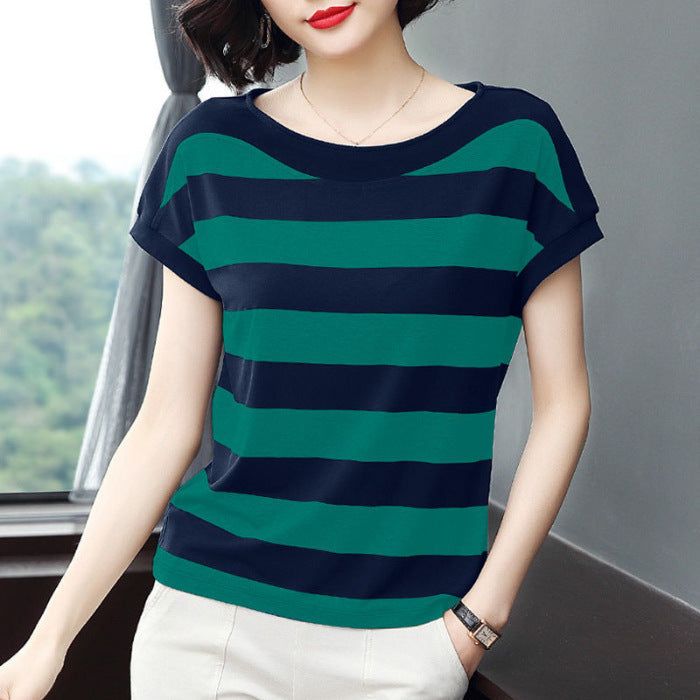 Striped Loose Short-sleeved T-shirt For Women