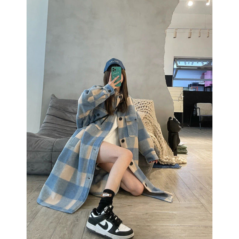 Retro Blue Plaid Contrast Color Single-breasted Loose Overcoat Coat