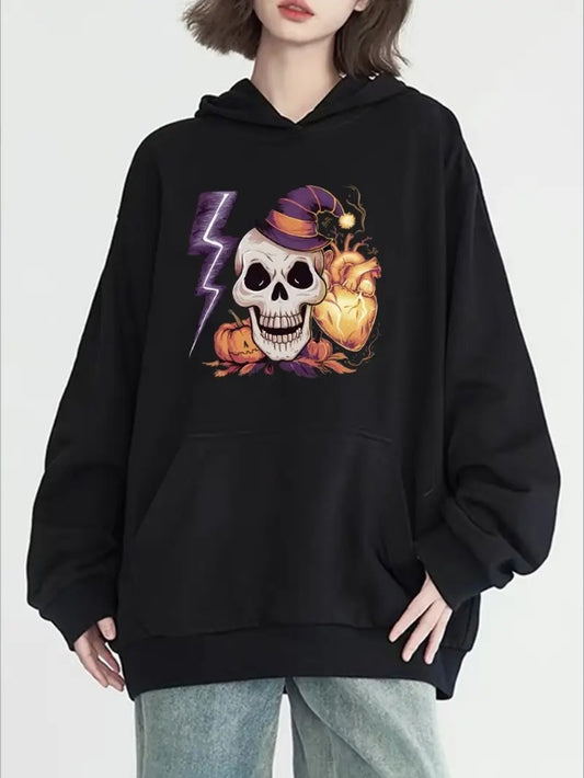 Women'S Fashion Skull & Lightning Print Hoodie - Casual Pullover With Pockets, Long Sleeve, Round Neck - Perfect For Fall & Winter