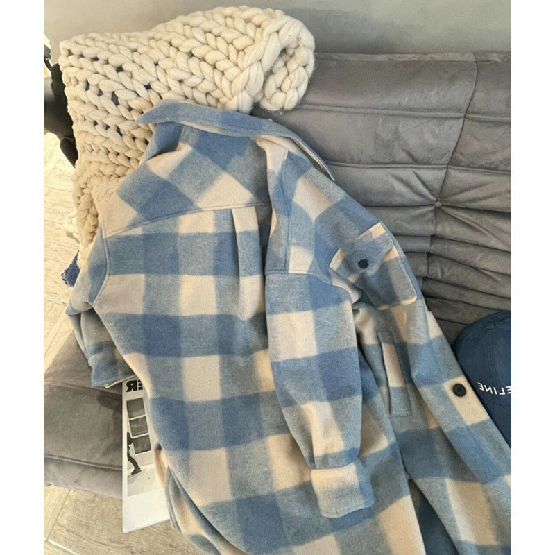 Retro Blue Plaid Contrast Color Single-breasted Loose Overcoat Coat