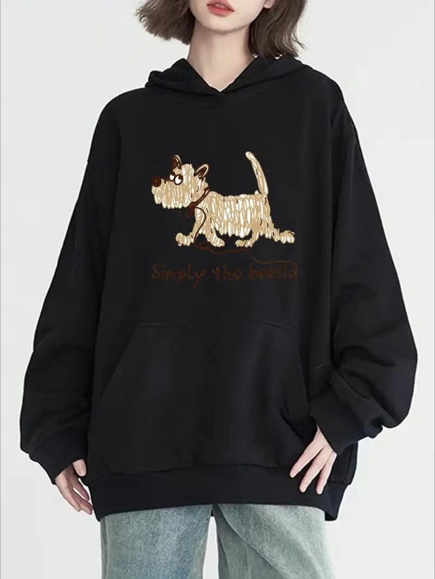 Women's Cozy Dog Print Hoodie - Casual Long Sleeve With Pocket, Crew Neck Pullover, Solid Color, All-Season Comfort