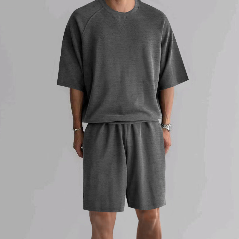 Men's Terry Casual Round Neck Sports Shorts Short Sleeve Two-piece Set