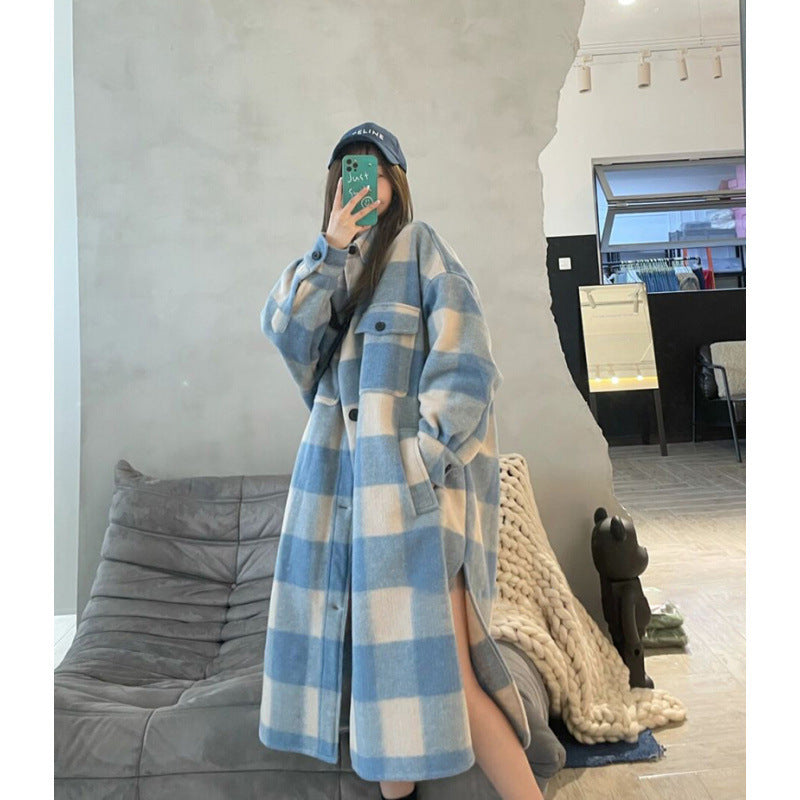 Retro Blue Plaid Contrast Color Single-breasted Loose Overcoat Coat