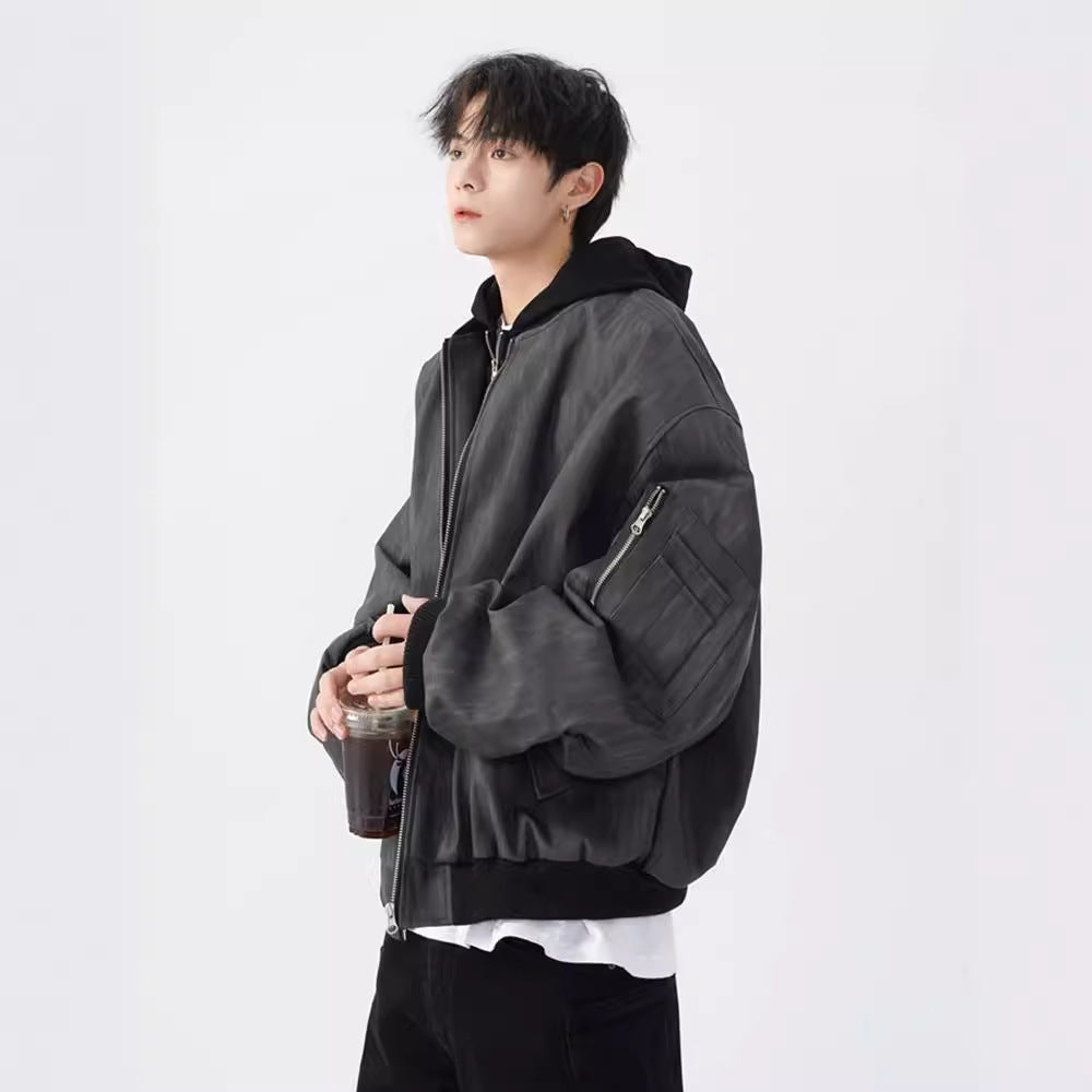 Original Design American Retro Baseball Uniform Men's Autumn And Winter Loose Casual Short Hooded PU Leather