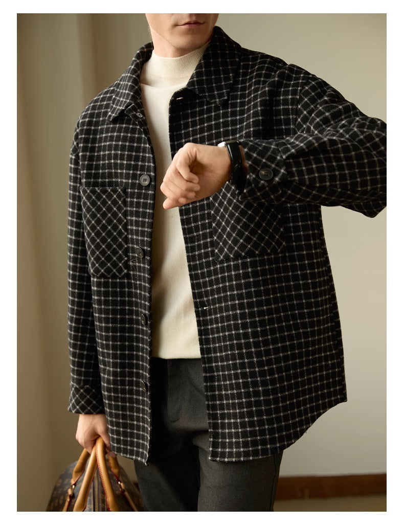 Double-sided Woolen Houndstooth Design Coat Men's Casual