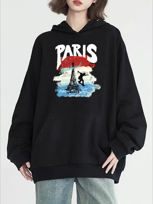 Cozy Paris-Inspired Letter Print Hoodie For Women - Casual Long Sleeve With Pockets, Soft Pullover For Fall & Winter