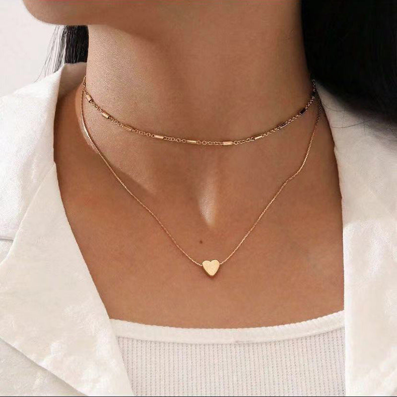 Cute Personality Elegant Double Layer Twin Regular Chain Chopin Chain Love Heart Pendant Necklace