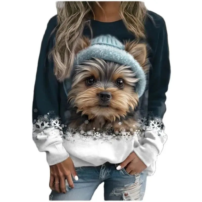 Women's Printed Rabbit Cute Round Neck Pullover Long Sleeve Sweater