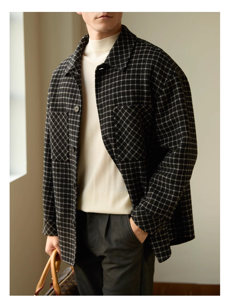 Double-sided Woolen Houndstooth Design Coat Men's Casual