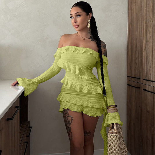 Fashion Tube Top Off Shoulder Ruffled Flare Sleeve Dress