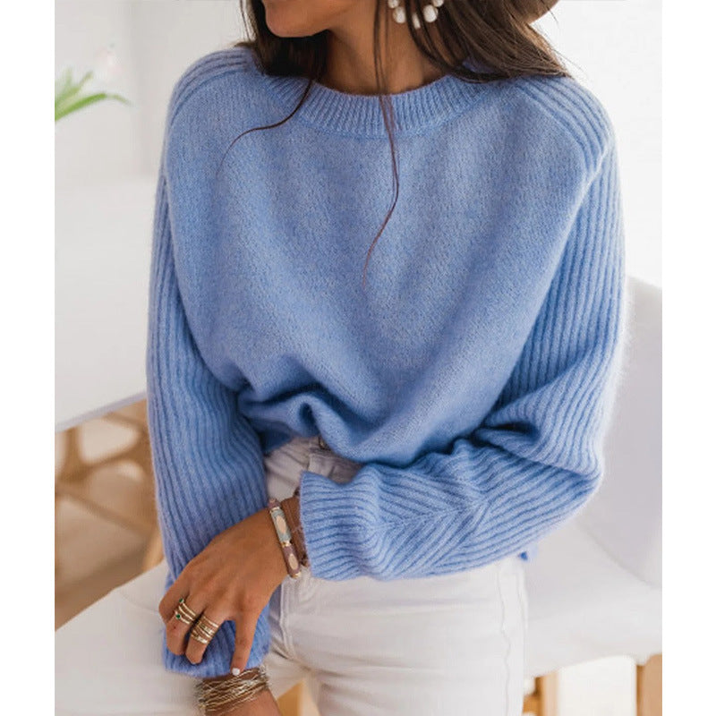 European Milk Blue Bedford Cord Sweater Women's Round-collar Long-sleeve Knitwear Casual Women's Clothing Fashion Knit Top Outerwear