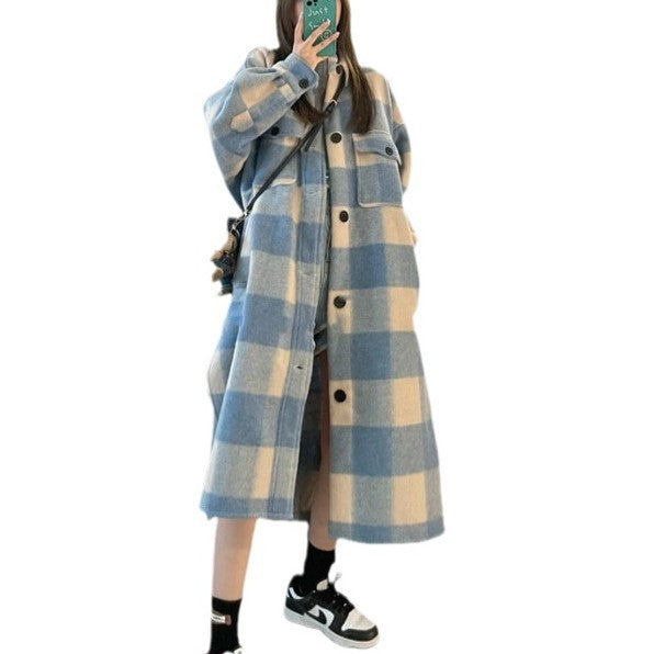 Retro Blue Plaid Contrast Color Single-breasted Loose Overcoat Coat