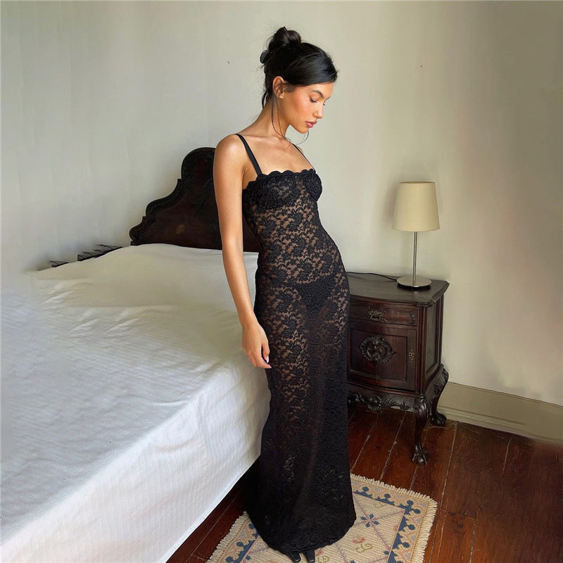 Fashion Off-neck See-through Lace Slim Fit Dress