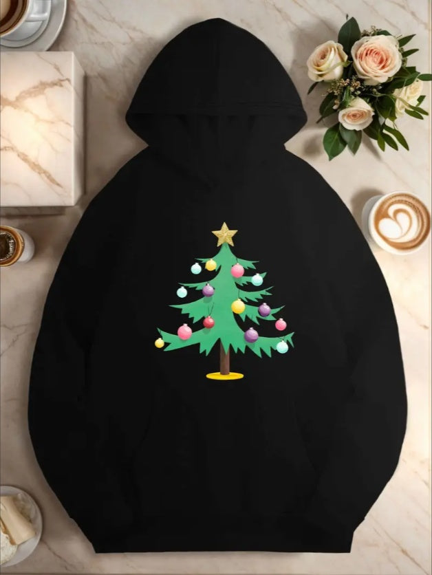 Plus Size Casual Christmas Tree Hoodie For Women, Geometric Pattern, With Front Pocket, For Fall Winter Season Hooded Sweatshirt